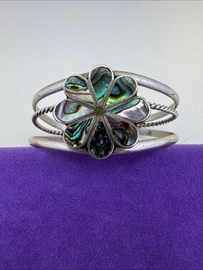 💛 Vintage Mexican Alpaca Abalone Flower Cuff | Boho Statement